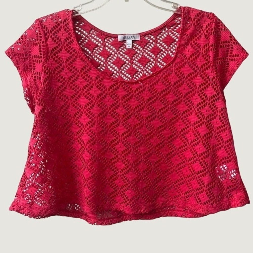 dELiA*s Y2K Festival Floral Crochet Lace Split Short Sleeve Top Medium Pink Red